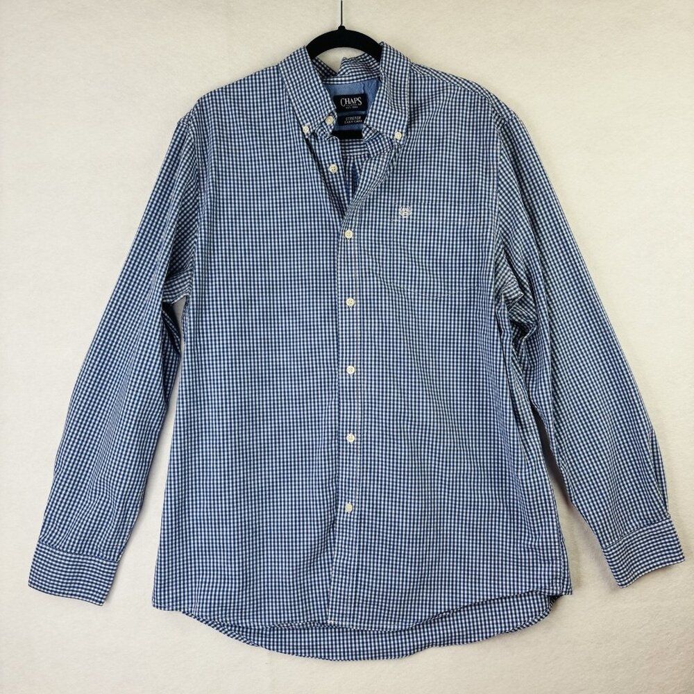 Chaps Men's Size XL Stretch Plaid Long Sleeve Casual Button Up Blue Collared